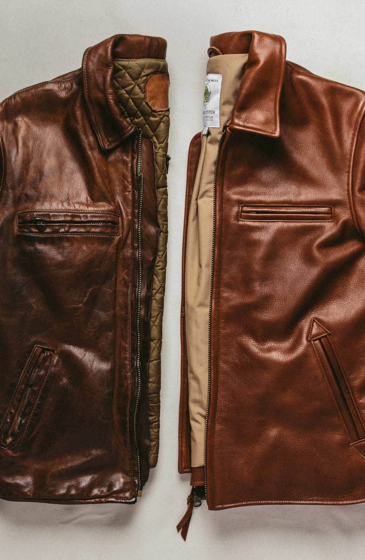 Side-by-side comparison of a brand-new Tailor Stitch jacket and a vintage jacket with a rich, developed patina, highlighting the unique character of aged leather.