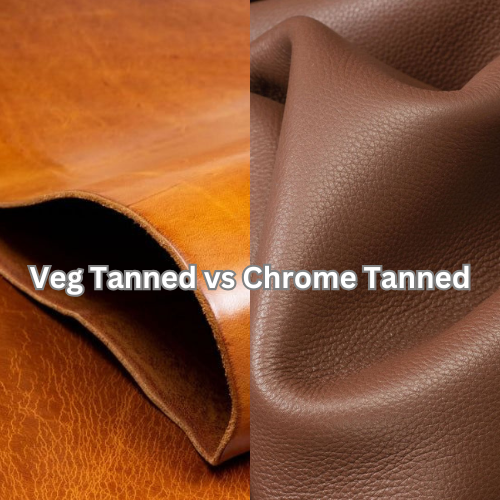 Vegetable Tanning vs Chrome Tanning: A comparison of two leather types, with vegetable-tanned leather on the left and chrome-tanned leather on the right