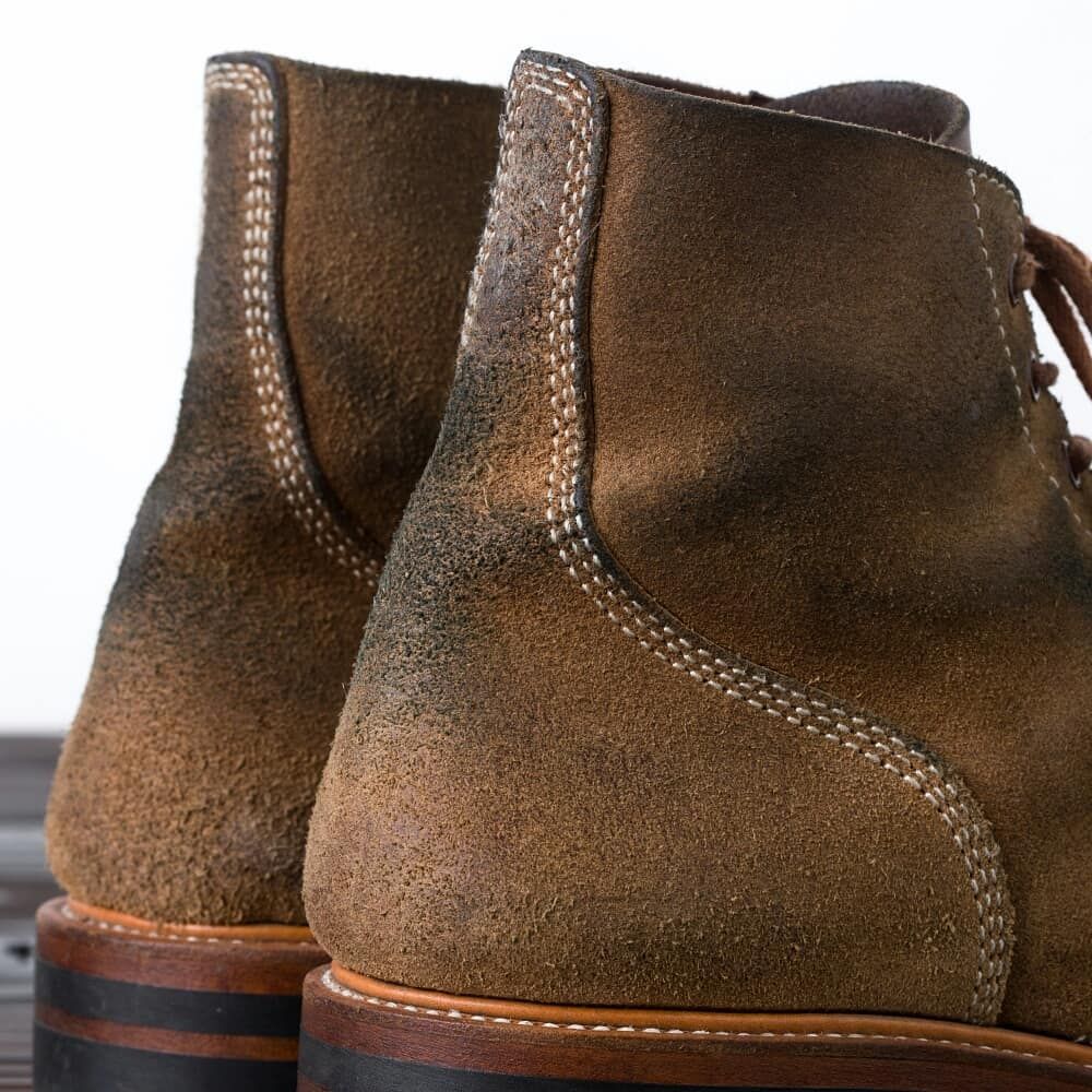 Roughout leather boot showcasing the rugged texture and natural grain, exemplifying the characteristics that answer What is Roughout Leather?